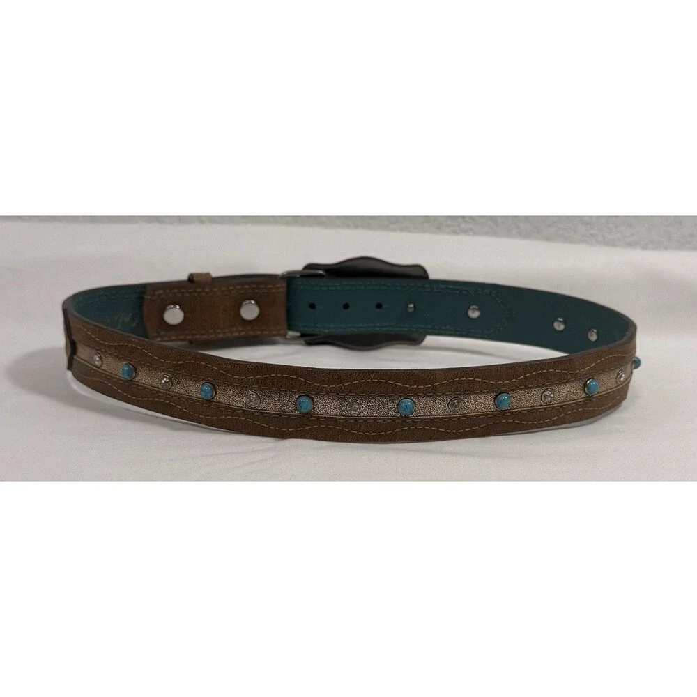 Catchfly Studio Girls Size 24 Western Cow Buckle Brown Blue Studded Belt